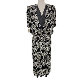 VTG 80s O'Bryan Dress Women 18 Navy Floral Midi V Neck Wrap Belted Union Made